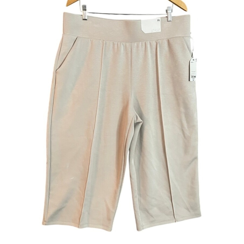 NWT STYLUS Women's Beige XL Elastic Waist Wide Leg Capri Pants Cropped Lounge